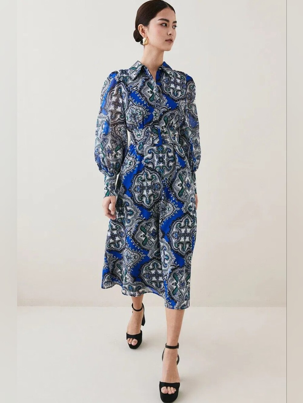 Karen Millen Tile Print Georgette Pleated Woven Shirt Dress, US 8 - Picture 1 of 10